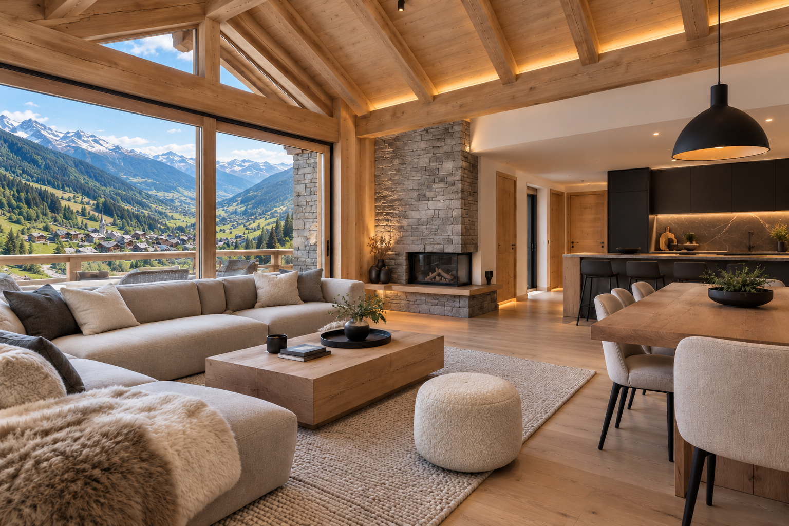Intérieur de chalet avec cheminée éteinte et vue sur une vallée inspirée de la Tarentaise, image d’illustration